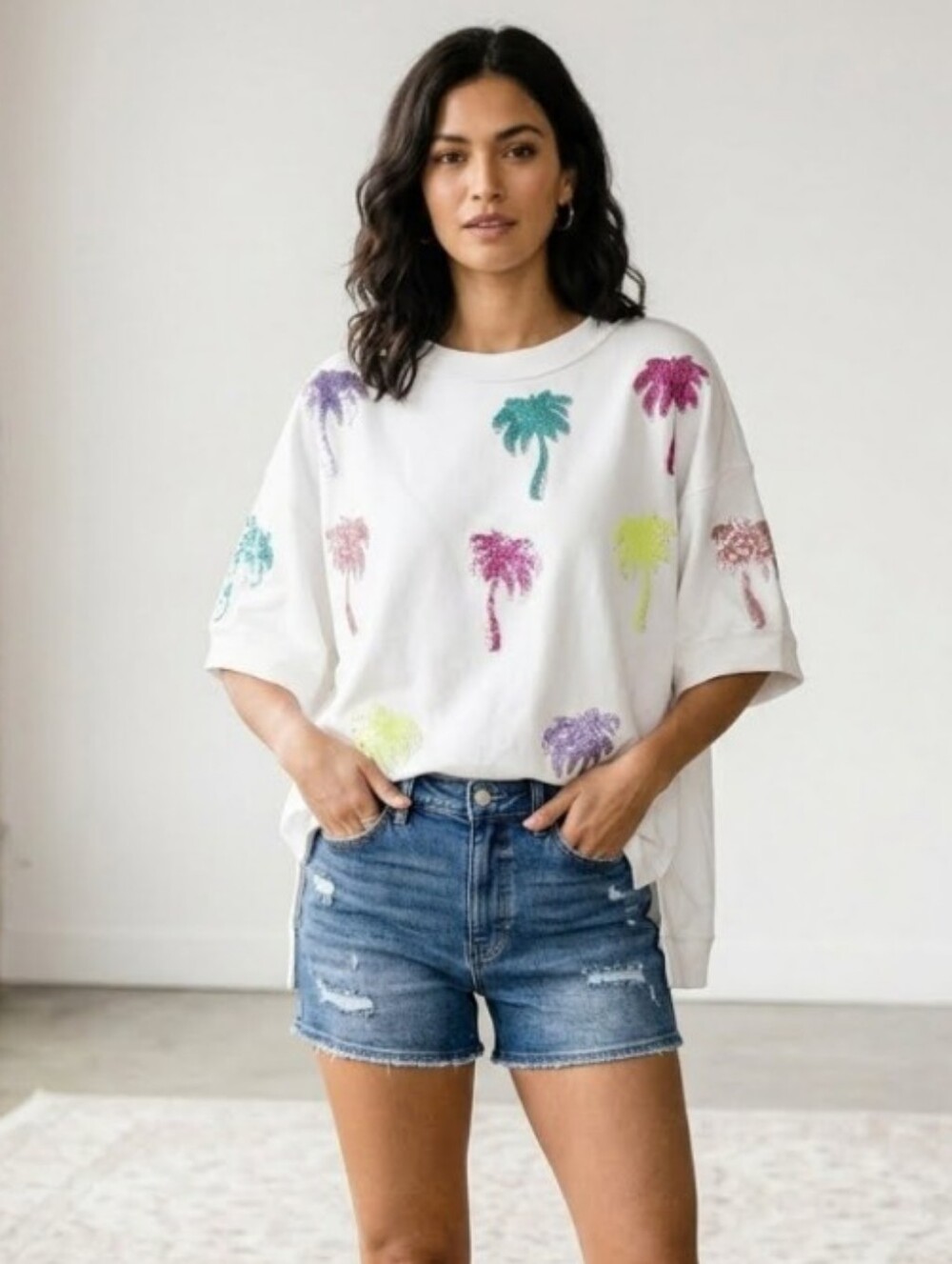 Fantastic Fawn Summertime Oversized Sweatshirt Multicolor Sequin Palm Trees NWOT